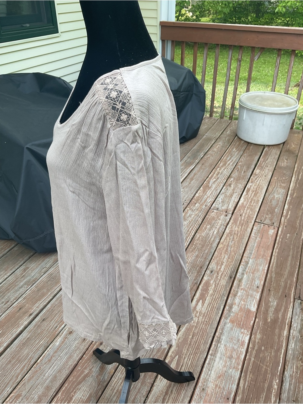 Light Taupe V-Neck Lace-Trim Top - Picture 4 of 5